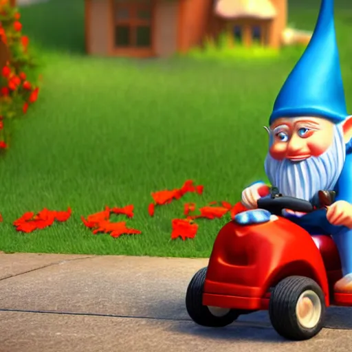 Image similar to gnome wearing red hat sitting on fancy riding lawn mower in backyard afternoon 2019 Pixar render SSAO ray marching black and orange lawn mower designed by Ikuo Maeada