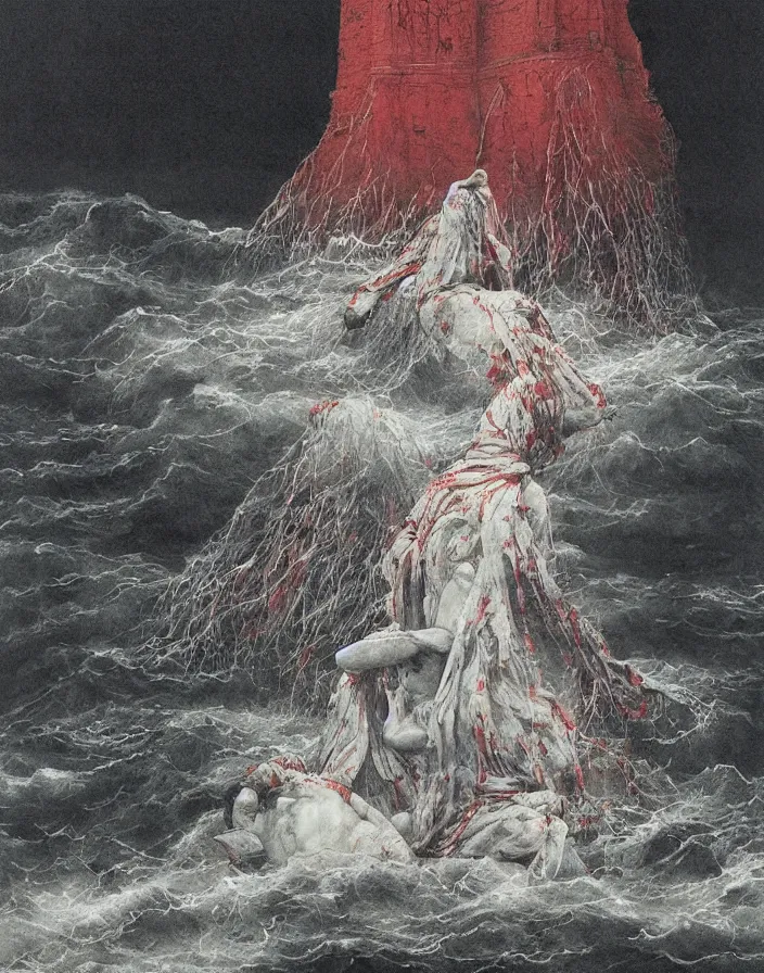 Prompt: worshippers in robes belonging to the cult of the lighthouse standing in waves, a lighthouse, high detailed beksinski painting, part by adrian ghenie and gerhard richter. art by takato yamamoto. masterpiece, dark and moody, deep colours