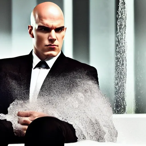 Prompt: photo of hitman agent 4 7 sitting inside a bubble bath