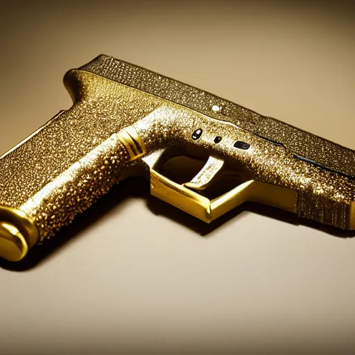 Image similar to a medium shot photograph of a gold glock 18 encrusted with gemstones against a smooth silk background