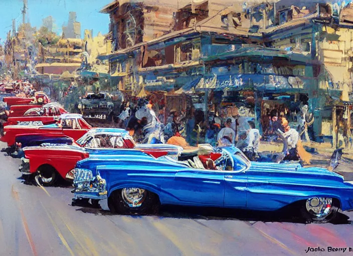Image similar to 5 hotrods driving down a street , vintage, highly detailed, by John Berkey