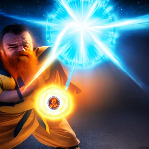 Image similar to a dwarf shooting a kamehameha blast, 4 k, hyper realistic, dslr, high resolution, landscape, beautiful