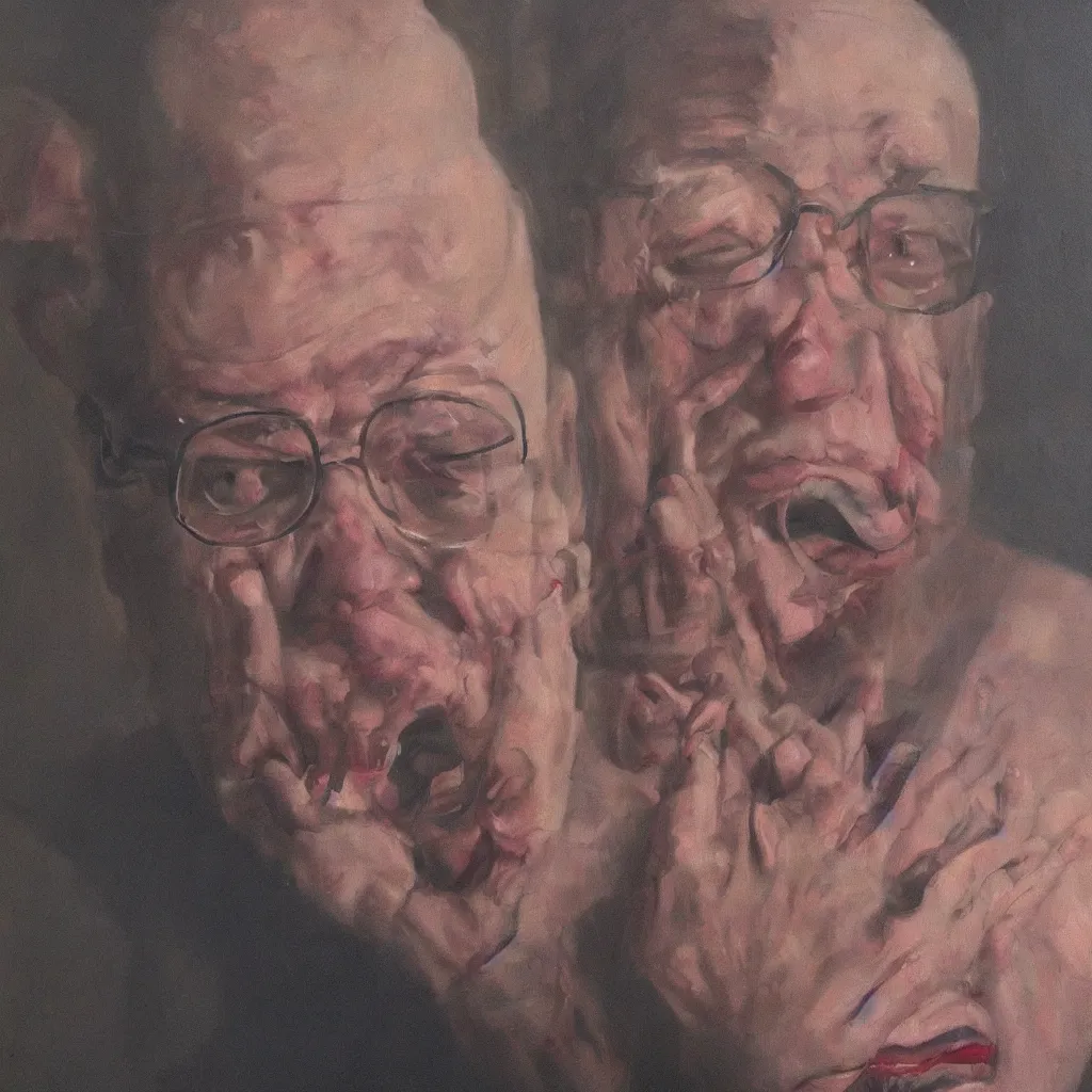 Prompt: oil painting by christian rex van minnen portrait of todd solondz age 7 3, extremely bizarre disturbing, intense chiaroscuro lighting perfect composition masterpiece intense emotion