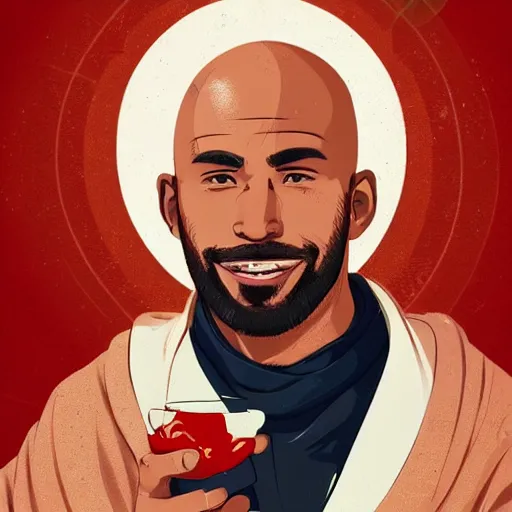 Image similar to a bald, coffee - skinned terrence boyd as a saint with halo wearing a red kimono, clean cel shaded vector art. shutterstock. behance hd by lois van baarle, artgerm, helen huang, by makoto shinkai and ilya kuvshinov, rossdraws, illustration,