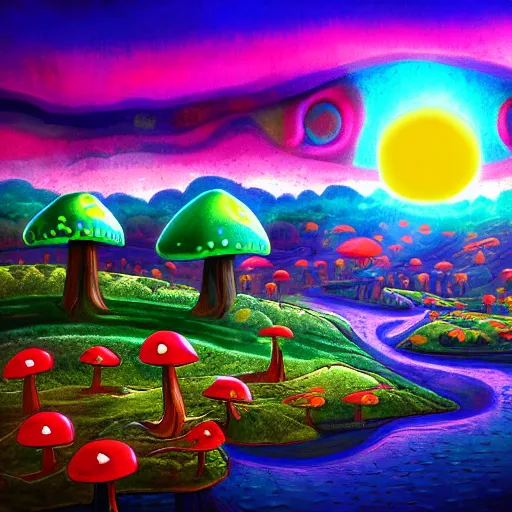 Prompt: psychedelic mushroom kingdom, dmt, landscape, river, trending on artstation, detailed