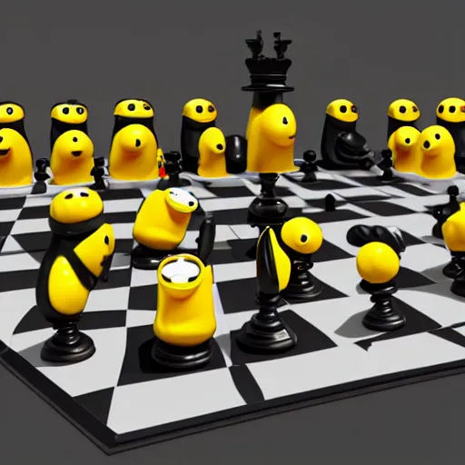 Image similar to a chess board but all the figures are minions, 4k, hyperrealistic, 3d render, smooth, vector