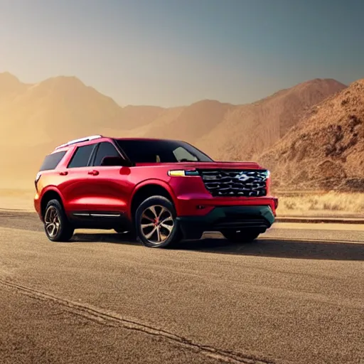 Prompt: A photo of an SUV inspired by a 2022 Ford Explorer and 2022 Chevrolet Tahoe, red, driving alongside the coast of California, action shot