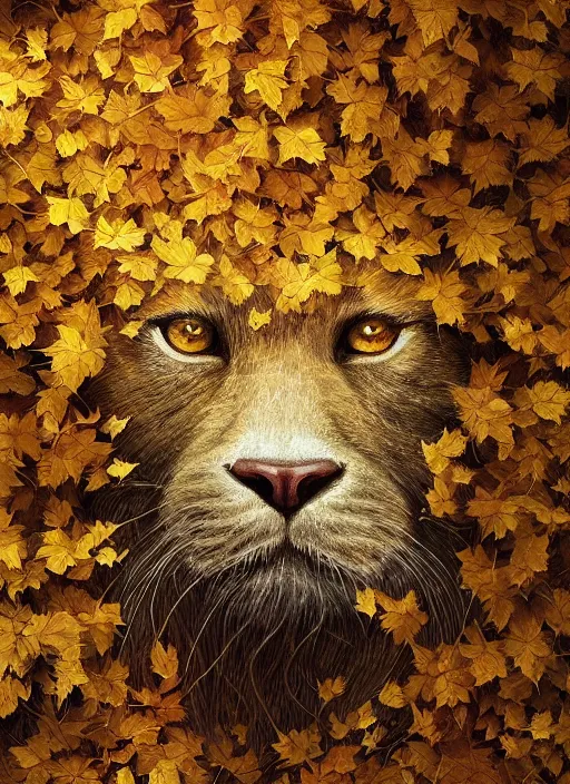 Image similar to golden leaves at frame border, creative!!! composition for a book cover, absurdly beautiful, ultrafine hyperrealistic detailed animal face by wlop and artgerm and greg rutkowski, intricate linework, sharp focus, smooth, octopath traveler, final fantasy, unreal engine, dramatic lighting, ethereal, 8 k