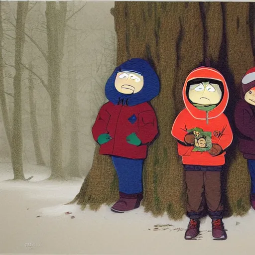 Prompt: Eric Cartman, Stan Marsh, Kyle Broflovski and Kenny McCormick at the bus stop Grominated, fullbody, Grominator, Grominate, intricate, horror, highly detailed, artstation, concept art, smooth, sharp focus, illustration, art by greg rutkowski and orientalism and bouguereau and Zdzislaw Beksinski, good clear quality, lighting, horror, evil, biology, symmetrical artwork, perfect face, 135 mm, cinematic, hyper realism, high detail, octane render, 8k, chrome accents