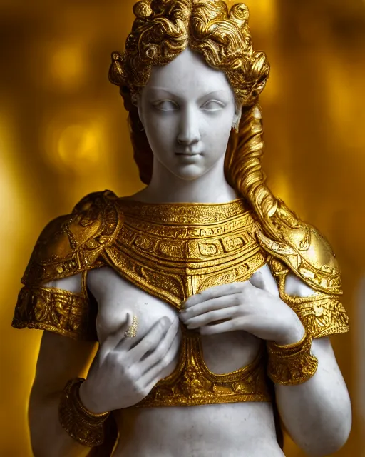 Image similar to marble statue portrait of woman in shining golden armor, high production value, intricate details, high resolution, hdr, high definition, masterpiece, realistic, ultrarealistic, highly detailed, hd, sharp focus, non blurry, sharp, smooth