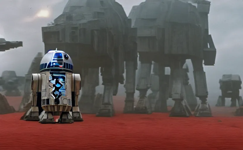 Prompt: a screenshot wide shot of hybrid giant R2-D2 mixed with an AT-AT land walkers, marching on a red landscape, from Star Wars The Last Jedi, iconic scene from the 1980 film directed by Stanley Kubrick, shot on anamorphic lenses, cinematography, 70mm film, lens flare, kodak color film stock, ektachrome, immensely detailed scene, 4k