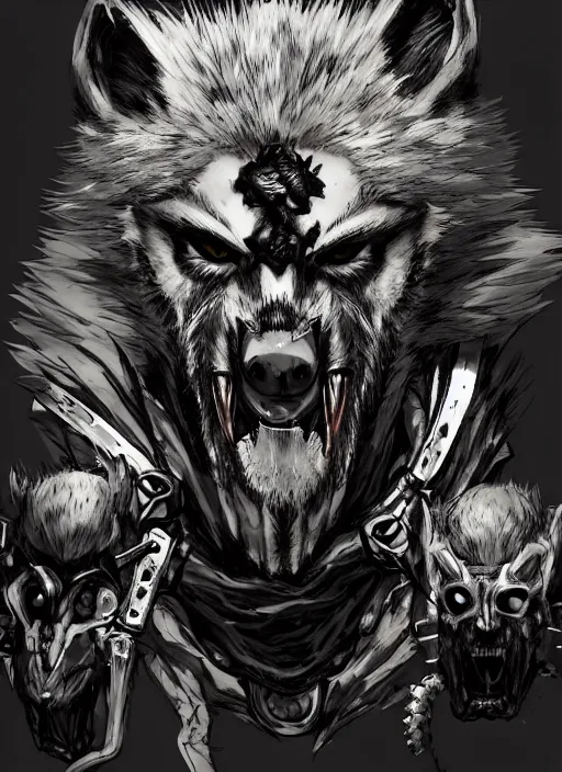 Image similar to Half body portrait of a scary gnoll wolf man with human and animal skulls as attire. In style of Yoji Shinkawa and Hyung-tae Kim, trending on ArtStation, dark fantasy, great composition, concept art, highly detailed.