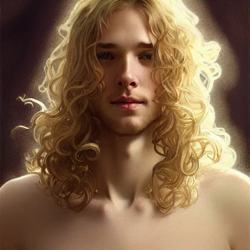 Prompt: A pregnant pale blond young man with closed eyes smiling, very detailed face, long fluffy curly blond hair, light blond hair, gorgeous, beautiful, intricate, highly detailed, digital painting, artstation, concept art, sharp focus, illustration, art by greg rutkowski and alphonse mucha