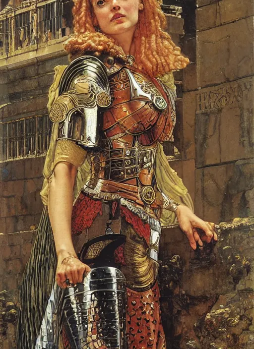 Image similar to portrait of helen of troy in armour outside the city walls, by lawrence alma tadema and rick berry and norman rockwell and greg staples and jack kirby