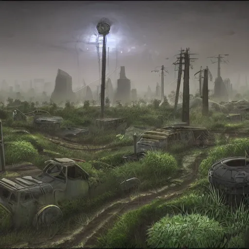 Image similar to post-apocalyptic solarpunk landscape, 4k, in the style of Valve, overgrown, rundown