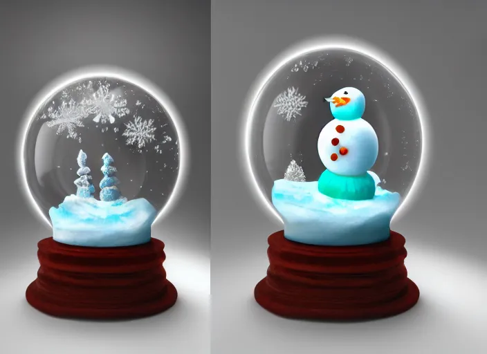 Prompt: 3d render of a broken snow globe that has a tiny smiling snowman in it. Artistic colorful lighting, trending on artstation