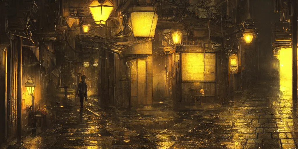 Image similar to quiet tokyo alley at night, raining, dim volumetric lighting, 8 k octane render, hdr, postprocessing, hyperdetailed, intricate, epic composition, cinematic lighting, masterpiece, trending on artstation, stunning artwork by anders zorn, extraordinary art by greg rutkowski