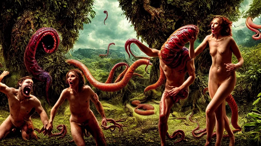 Image similar to Adam and eve with a screaming worm monster, maximalist, high detail, 8k, ornate, dark fantasy, realistic, masterpiece, complex, WLOP, film still from the movie directed by Denis Villeneuve, wide angle, colorful