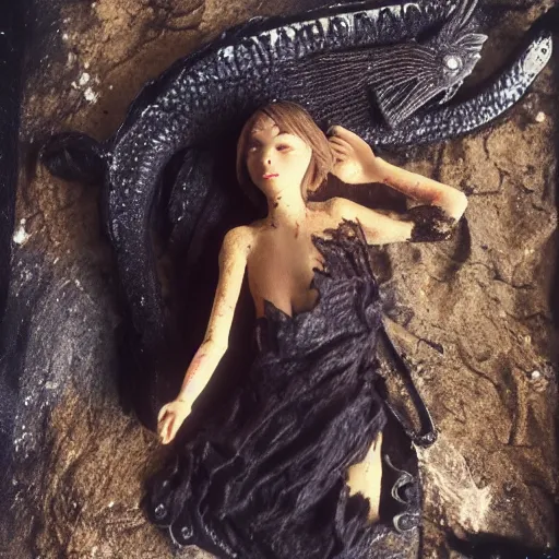 Prompt: beautiful human princess in burned clothes rests after slaying an enormous dragon, highly detailed, 16mm, color film photography