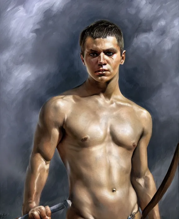 Image similar to portrait of a handsome young latin gladiator, art by denys tsiperko and bogdan rezunenko and franz xaver kosler, hyperrealism, fantasy art