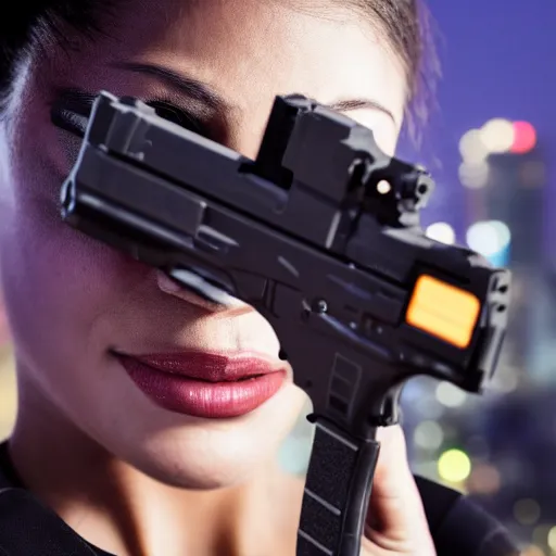 Image similar to photographic portrait of a techwear woman holding a Glock 18, closeup, on the rooftop of a futuristic city at night, sigma 85mm f/1.4, 4k, depth of field, high resolution, 4k, 8k, hd, full color