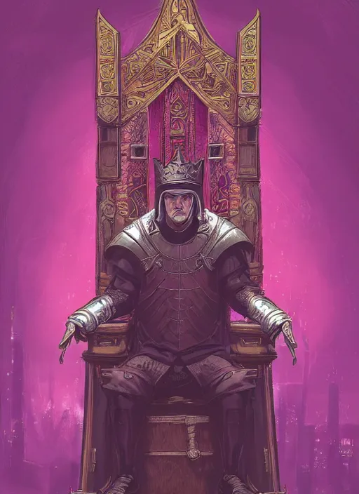 Image similar to a portrait of an old medieval king on the throne, cyberpunk, dark purple color scheme, grim - lighting, high - contrast, intricate, elegant, highly detailed, digital painting, artstation, concept art, smooth, sharp focus, illustration