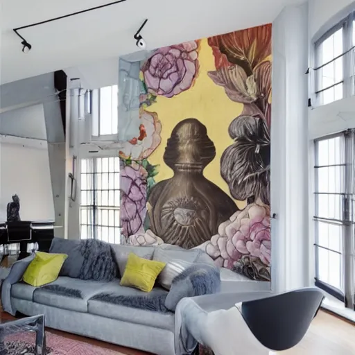 Image similar to mural on the wall of a contemporary loft, gorgeous architecture, popular interior design style