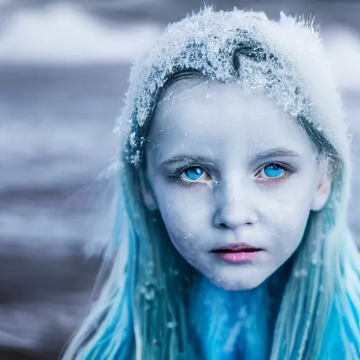 Prompt: ice dust around a frozen girl with white hair and blue eyes on the seashore, In detail