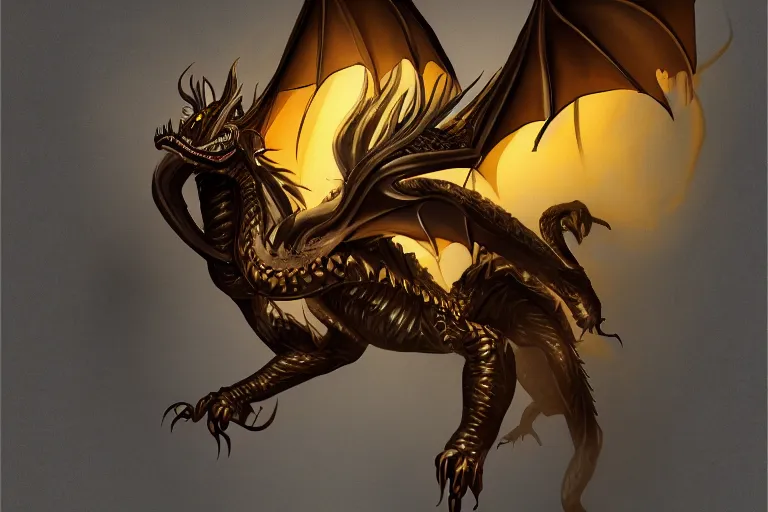 Image similar to full body digital illustration ofa young dragon of black and gold by randy vargas, studio lighting, concept art, matte background, deviantart, artstation