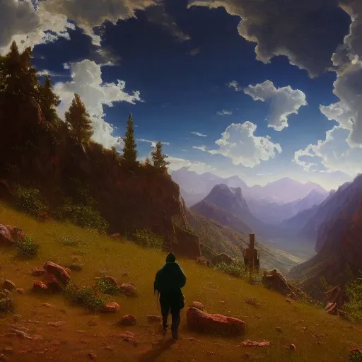 Image similar to a traveler wandering through the mountains looking at the clouds, very detailed, focused, oil painting, cinematic lighting, Albert Bierstadt, trending on Artstation