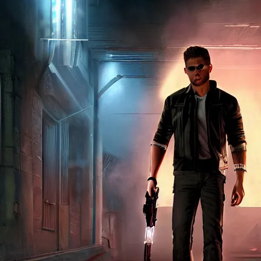 Image similar to a detailed full bodied 3 d render of an extremely handsome jensen ackles as the terminator walking down a dark alley futuristic sci fi city, holding a glowing futuristic crossbow, volumetric lighting, octane render, 8 k, art by greg rutkowski and albert bierstadt and alphones mucha