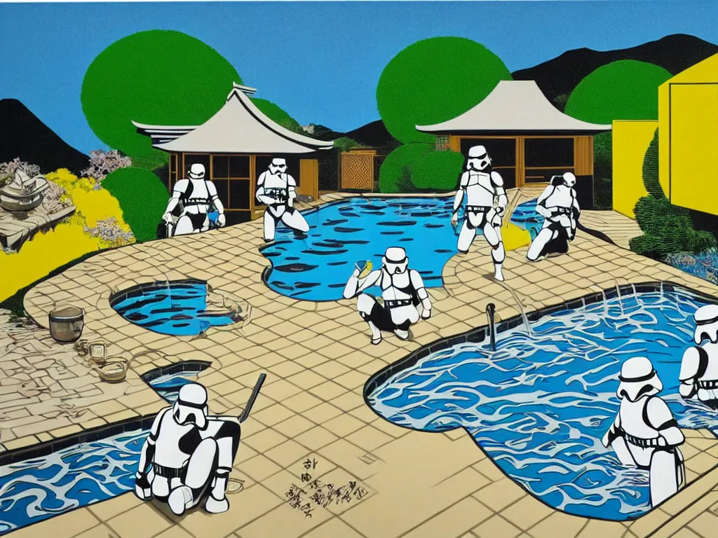 Image similar to hyperrealism composition of the japanese house with a hot springs in the garden, two detailed stormtroopers bathe in a hot spring, pop - art style, jacky tsai style, andy warhol style, roy lichtenstein style, round canvas, acrylic on canvas