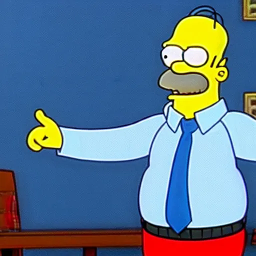 Image similar to a still of a public acess tv show of a man poorly dressed like homer simpson