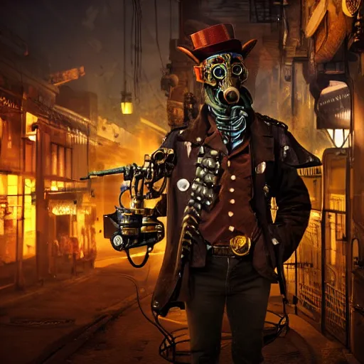 Prompt: gamekeeper wearing a steampunk and neonpunk mechanical fluorescent mystical animal mask in a steampunk city, night, realism, 4 k, octane render, award winning photograph, epic cinematic shot, perfectly defined features, ambient occlusion