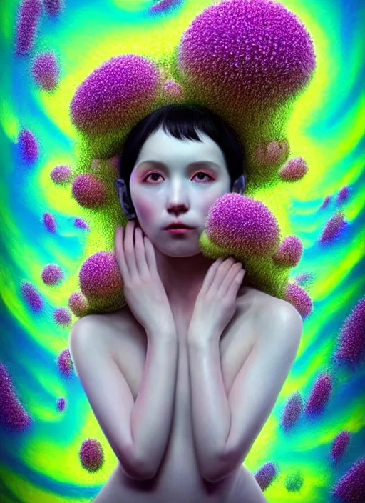 Image similar to hyper detailed 3d render like a Oil painting - kawaii portrait Aurora (black haired Singer Ferret) seen Eating of the Strangling network of yellowcake aerochrome and milky Fruit and Her delicate Hands hold of gossamer polyp blossoms bring iridescent fungal flowers whose spores black the foolish stars by Jacek Yerka, Mariusz Lewandowski, Houdini algorithmic generative render, Abstract brush strokes, Masterpiece, Edward Hopper and James Gilleard, Zdzislaw Beksinski, Mark Ryden, Wolfgang Lettl, hints of Yayoi Kasuma, octane render, 8k