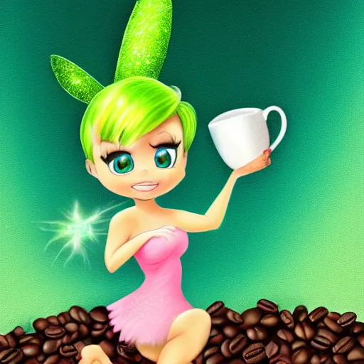 Prompt: digital painting of chibi Tinkerbell in short green dress bare feet in coffee cup 4k detailed