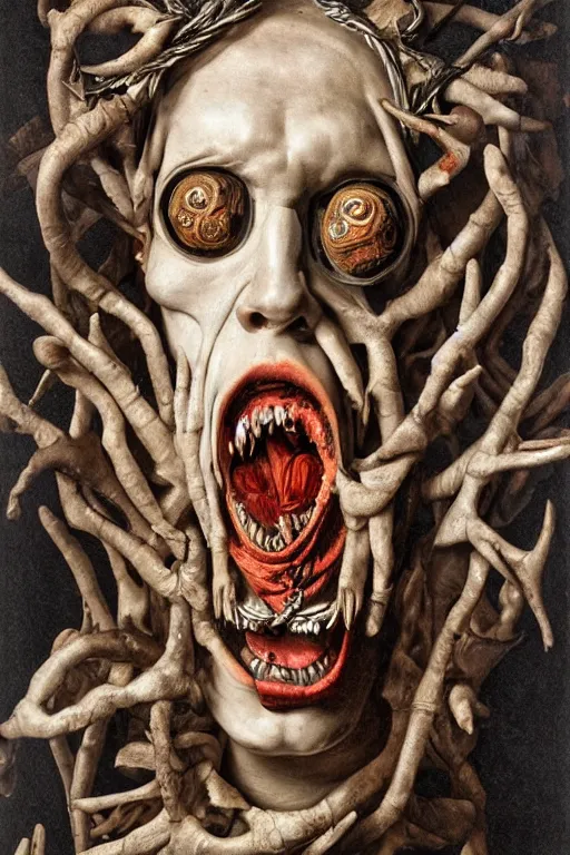 Image similar to Detailed maximalist portrait a Greek god with large white eyes and an angry face, fleshy skeletal body, HD mixed media 3d collage, highly detailed and intricate, surreal illustration in the style of Caravaggio, dark art, baroque