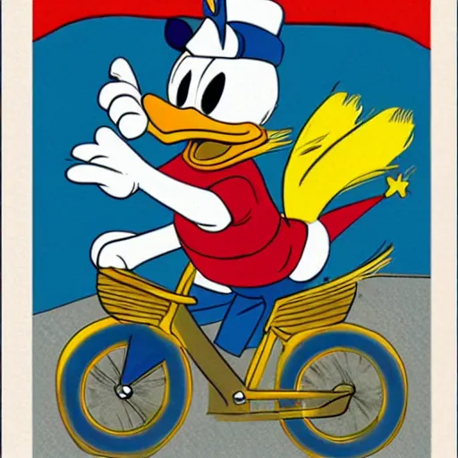 Image similar to donald duck riding a bike, in style of don rosa