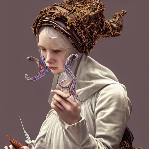 Image similar to A masterpiece portrait of a Incredibly beautiful maid baroque renaissance swamp nun girl with greyhound medium shot, intricate, elegant, highly detailed. trending on artstation, digital art, by Stanley Artgerm Lau, WLOP, Rossdraws, James Jean, Andrei Riabovitchev, Marc Simonetti, Yoshitaka Amano. background by James Jean and Gustav Klimt, light by Julie Bell, 4k, porcelain skin.