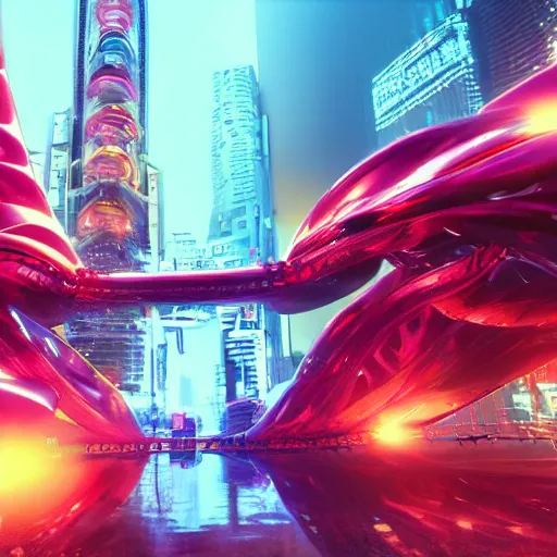 Image similar to a surreal 3 d octane render light tracing scene of a futuristic tokyo at night and a huge red water beast made of bones and muscle and blood is engrossing half the city. award winning trending on art station pixar lisa frank