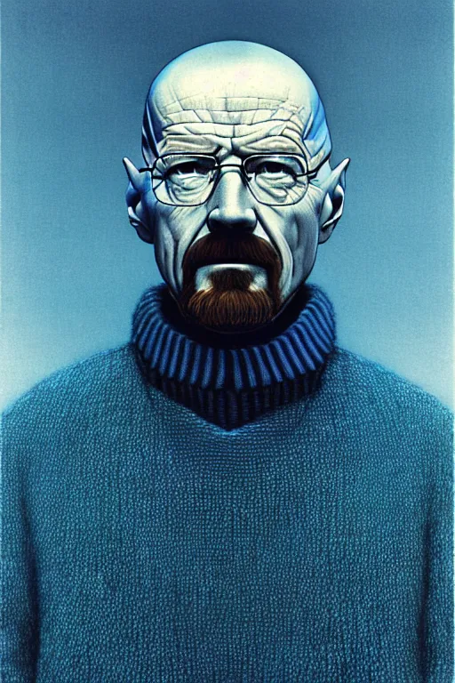 Prompt: portrait of a walter white as sapphire herald in an elegant winter sweater, by zdzislaw beksinski, by dariusz zawadzki, artbook, tone mapped, deep blues, shiny, soft lighting