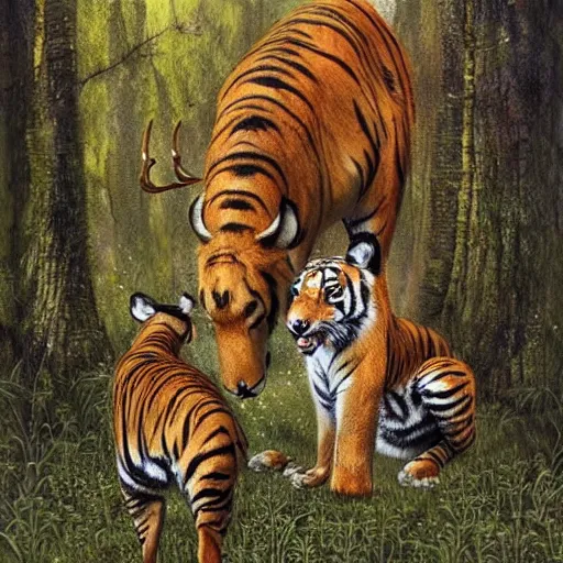 Prompt: !!! deer and!!! tiger standing close to each other in sherwood forest by esao andrews