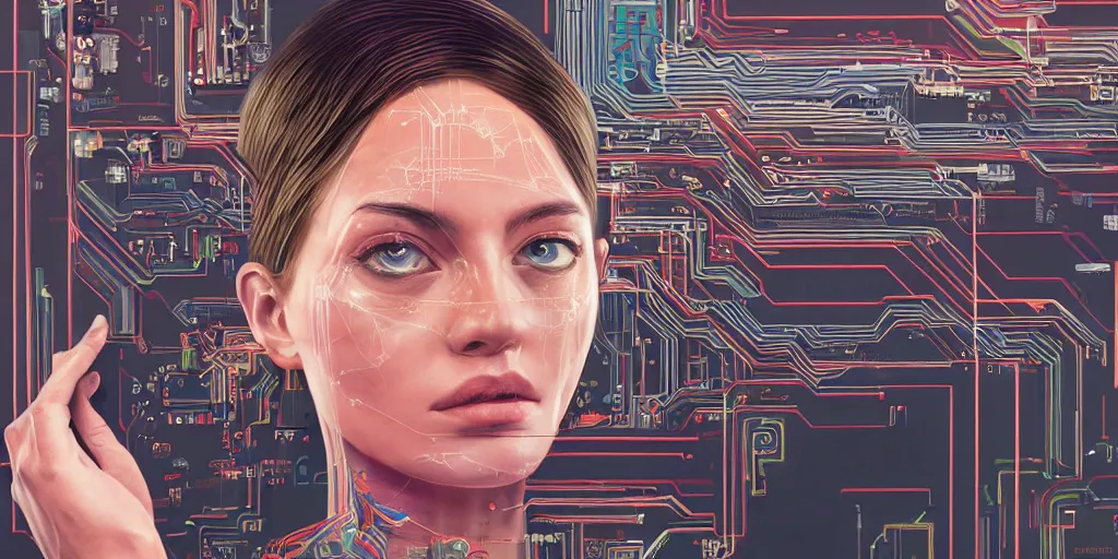 Image similar to portrait of computer & circuits, 8 k, by tristan eaton, trending on deviantart, face enhance, hyper detailed, minimalist, super detailed, cinematic, unreal engine, octane render, chalk texture on canvas