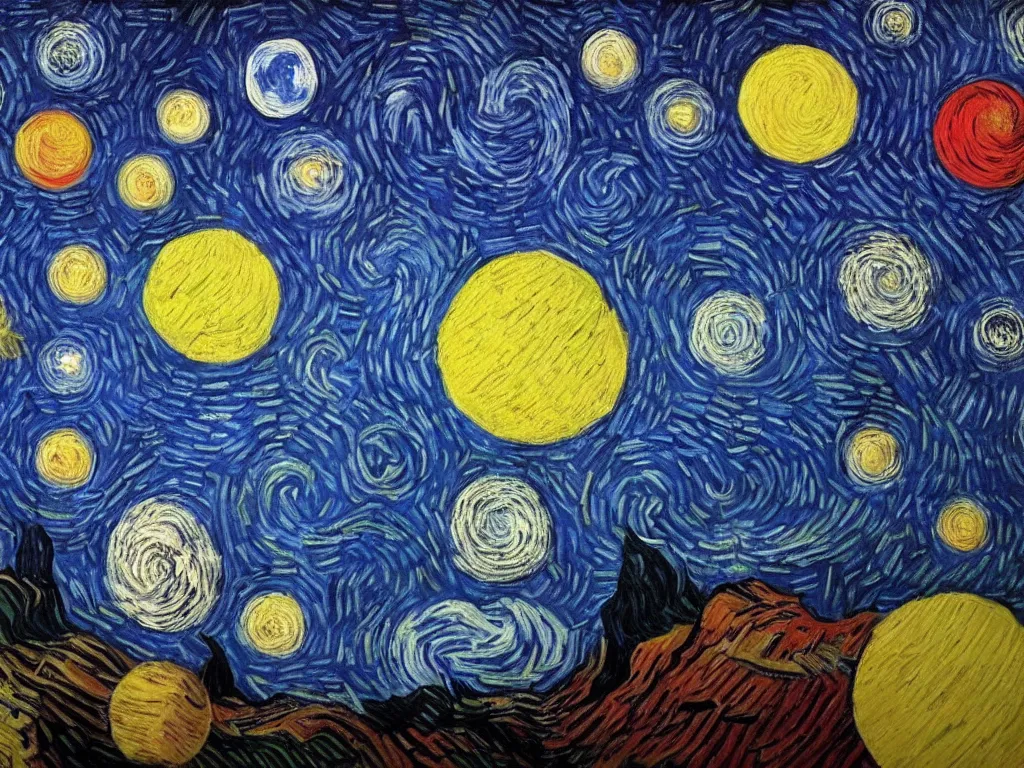 Image similar to A beautiful painting of a five planets by Gioele Muscolino Van Gogh, There are only five planets that are black, white, yellow, red, and blue, behind the galaxy and the universe, Trending on artstation, starry sky