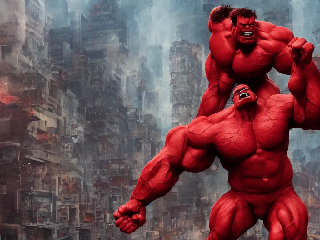 Prompt: Red Hulk invading a large city, epic composition, large scale, octane render, digital art, sharp focus, trending on artstation, action pose