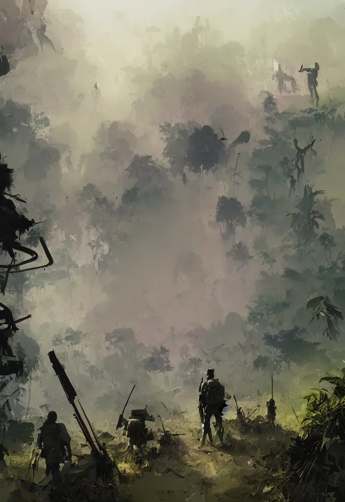 Prompt: ismail inceoglu epic painting of vietnam war, year 1 9 7 0, jungle, smoke and mist, painting, line art, art concept for a book cover, trending on artstation, by greg manchess and by craig mullins and by kilian eng and by jake parker