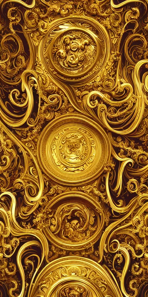 Image similar to the source of future growth dramatic, elaborate emotive Golden Baroque and Rococo styles to emphasise beauty as a transcendental, seamless pattern, symmetrical, large motifs, sistine chapel ceiling, 8k image, supersharp, spirals and swirls, Gold black and rainbow colors, perfect symmetry, 3D, no blur, sharp focus, photorealistic, insanely detailed and intricate, cinematic lighting, Octane render, epic scene, 8K