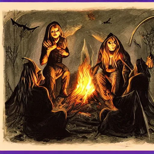 Prompt: witches around a fire, historical image, highly detailed, spooky, halloween, trending on artstation