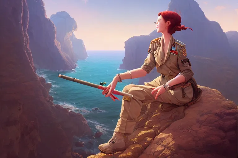 Image similar to a painting of a military woman sitting on a cliff, smoking a cigarette, a character portrait bytom bagshaw, rhads, makoto shinkai, lois van baarle, ilya kuvshinov, and rossdraws, global illumination, cg society, fantastic realism, intricate, detailed