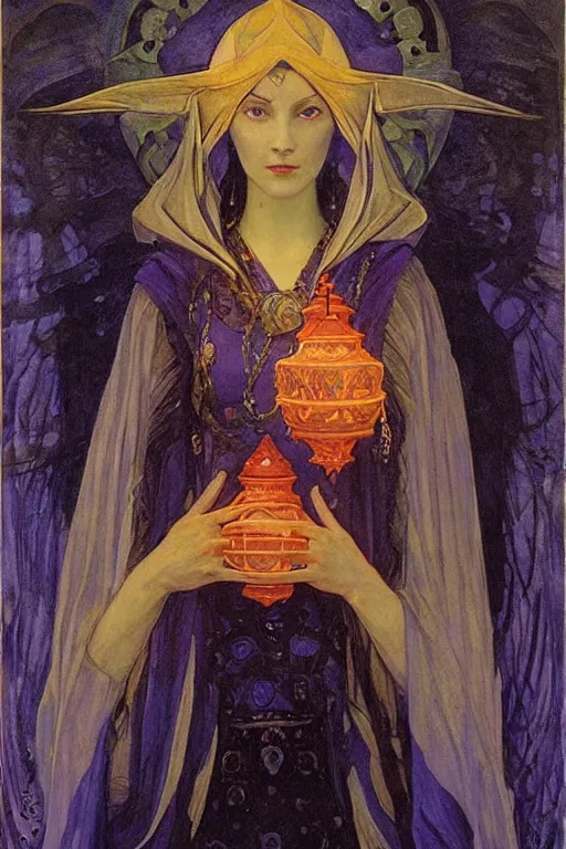 Image similar to queen of the dark angels with her lantern by Annie Swynnerton and Nicholas Roerich and jean delville, strong dramatic cinematic lighting , ornate headdress , flowing robes, lost civilizations, smooth, sharp focus, extremely detailed